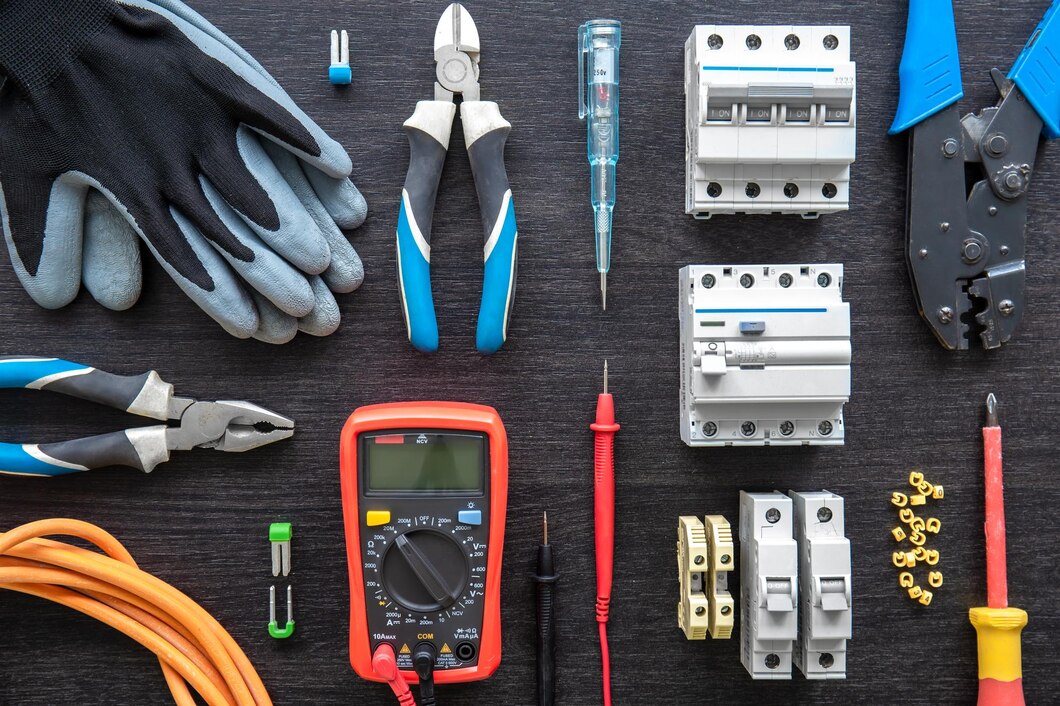 different electrical tools wooden background flat lay 169016 24606